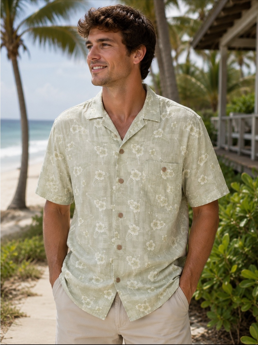 Joe Marlin Men’s L Green Floral Hawaiian Shirt Casual Vacation Tropical Beach